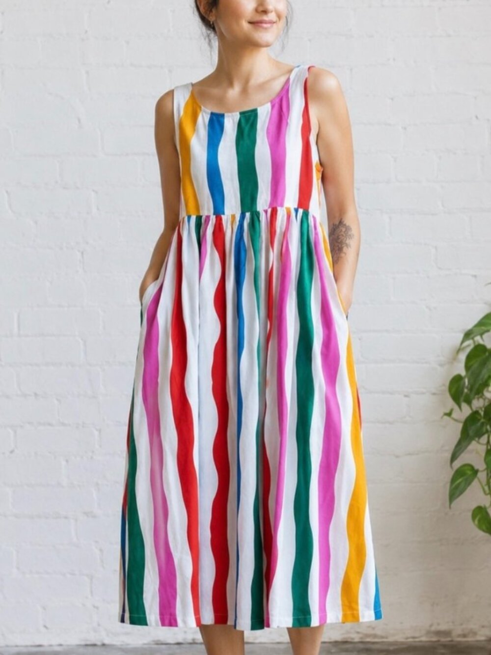 Nooworks XL Rayon Naomi Salvation Stripe Midi Tank Dress